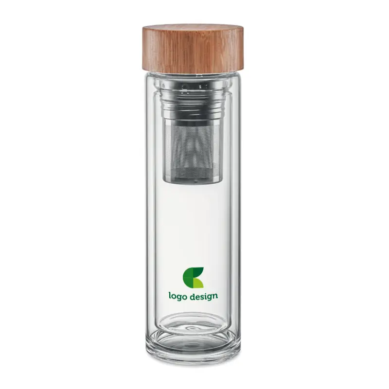 Gourde en verre double paroi avec bouchon en bambou et logo